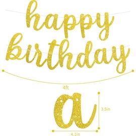 TONIFUL Gold Happy Birthday Banner - NO DIY - Gold Birthday Party Banner in Script - Pre-Strung - Gold Glitter Birthday Garland Ready to Use Gold Birthday Party Decorations & Decor