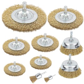 10 Pcs Wire Wheel Cup Brush Drill Set, Brass Coated Wire Brush Drill Attachment with 1/4-Inch Hex Shank Metal Brush Kit for Rust Removal, Polishing and Abrasive