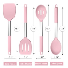E-far Cooking Utensils Set of 4, Silicone Kitchen Utensils for Non-stick Cookware, Heat Resistant & Non-toxic Slotted Spatula Solid Spoon Turner for Flipping Mixing Serving Basting(Pink)