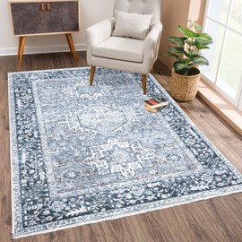 Bloom Rugs Caria Washable Non-Slip 4x6 Rug - Navy Blue Traditional Area Rug for Living Room, Bedroom, Dining Room, and Kitchen - Exact Size: 4' x 6'