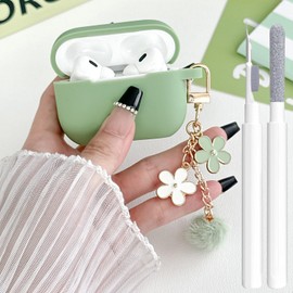 Cute Case for Airpods Pro 2nd/1st Generation Cover for Girl Women with Pom pom Flower Keychain & Cleaner Kit, Soft Silicone Protective Skin for Airpods Pro 2/1 Gen 2019/2023/2022, Green