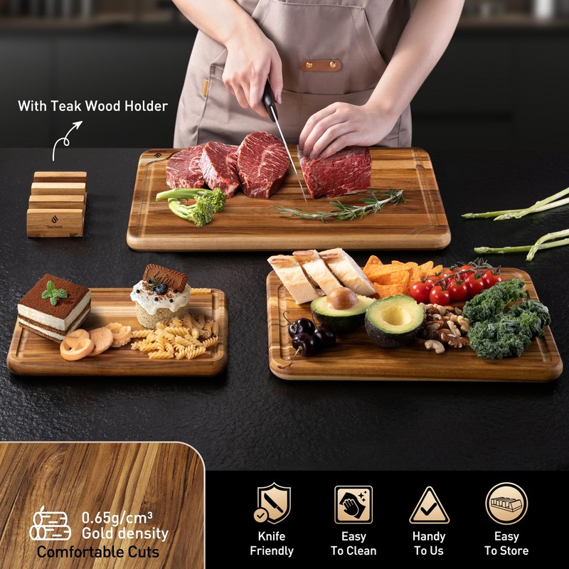 3 Pack Teak Wood Cutting Board Set for Kitchen Charcuterie