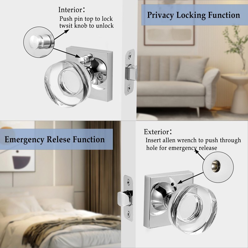 coolnews Crystal Glass Door Knobs Interior with Lock, Modern Round