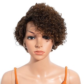8" Curly Wave Side Part 13x5x1 HD Lace Front Wigs Short Bob Pixie Cut Brazilian Remy Human Hair 150% Density Deep Curly Lace Front Wigs for Women Ombre Brown Color