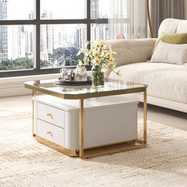 Merax 27.6'' Modern 2-Piece Square Nesting Coffee Table Set with Storage Drawers, Tempered Glass & Marble Veneer Tabletops, Gold Metal Legs, White