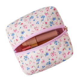 WHHJM Cube Cosmetic Makeup Bag Small Cotton Quilted Makeup Pouch for Purse Cute Floral Travel Toiletry Zipper Pouch (Blue & Red Floral)