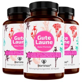 BonVigo Good Mood for 3 Months - High Dose with Natural Complex of Lavender, Passion Flower, Brahmi, Baobab and Serotonin Booster L-Tryptophan, B Vitamins for Psyche* - 180 Capsules