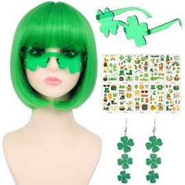 morvally- Peluca bob verde corta con pegatinas del Día de San Patricio y gafas y pendientes verdes para mujeres y niñas