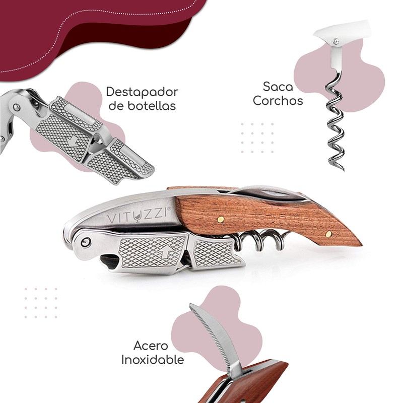 Vituzzi Sacacorchos para Vino de Acero Inoxidable con Corta Cápsulas
