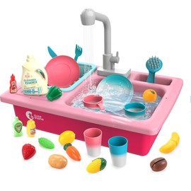 CUTE STONE Color Changing Play Kitchen Sink Toys, Children Electric Dishwasher Playing Toy with Running Water,Upgraded Real Faucet and Play Dishes,Pretend Role Play Toys for Kids Boys Girls