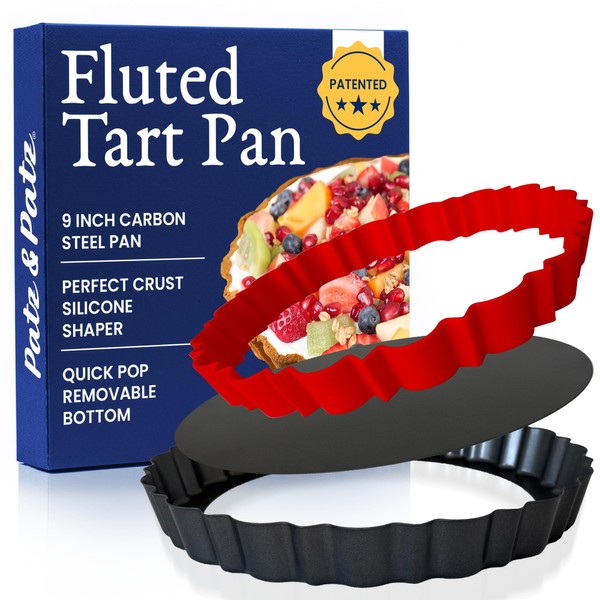 Patz&Patz Fluted Tart Pan 9 Inch Removable Bottom with Patented