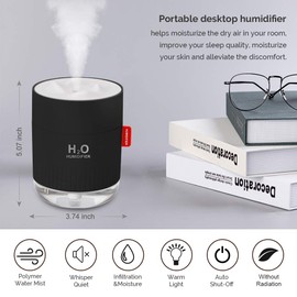 Portable Mini Cool Mist Humidifier, 500ml USB Personal Desktop Humidifier for Baby Bedroom Travel Office Home, Auto Shut-Off, 2 Mist Modes, Super Quiet (Black)