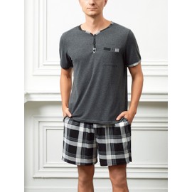 Yukiuiny Mens Cotton Short Sleeve Pajamas Sets Soft Henley Collar Dark Grey Solid Tops and Checkered Shorts Bottom With Pockets 3X-Large
