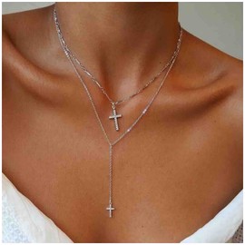 Erimberate Bohemian Layered Cross Necklace Paved Cross Y lariat Necklace Vintage Crystal Cross Y Necklace Choker Long Silver Cz Cross Pendant Necklace Jewelry for Women and Girls