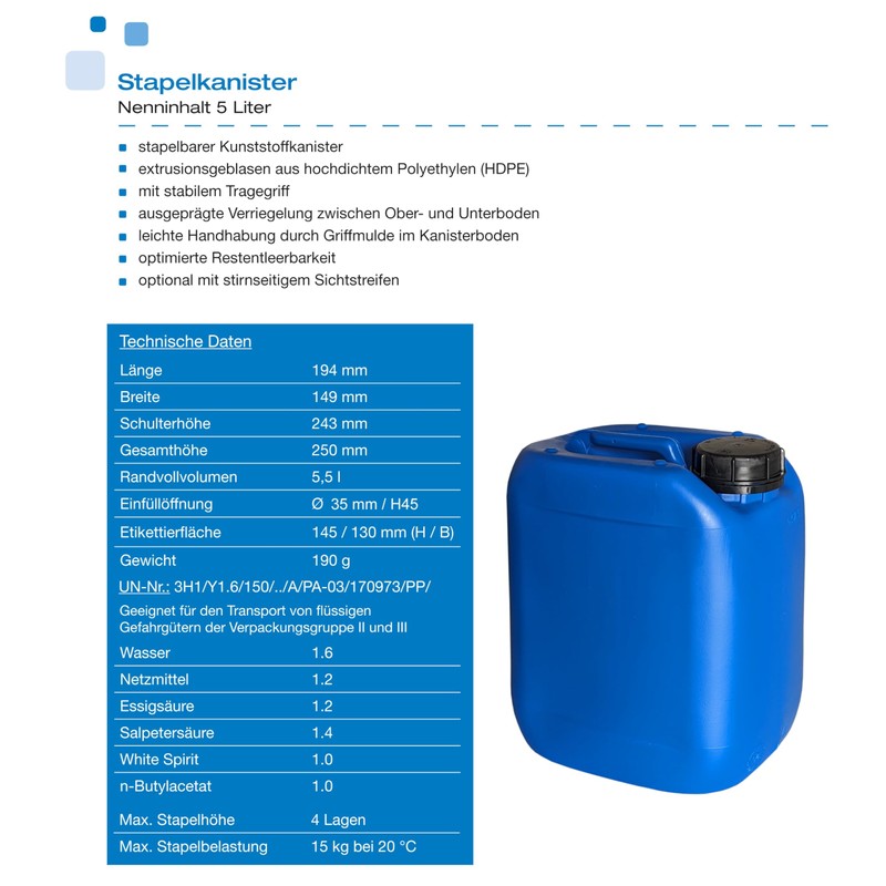 plasteo® 5 x 5 Litre Canisters with Safety Lock (DIN
