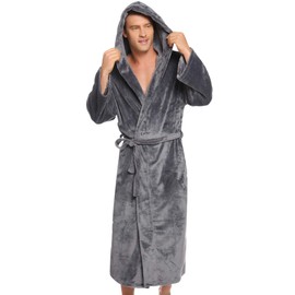 Vlazom Men Dressing Gown, Flannel Soft Bathrobe Cosy Warm Robes Fluffy Hooded Housecoat forWinter Loungewear, A-dark Grey, M
