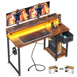 AODK Gaming Desk with LED Lights & Power Outlet, 48 Inch Computer Desk with Drawer, Reversible Desk with Monitor Shelf & Headphone Hook for Home Office, Rustic Brown