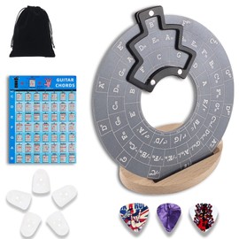 Circle of Fifths Wheel,Guitar Music Theory disc Music Theory Learning Tool with Guitar Chord Chart Music Theory Book and&Wooden Stand for Musicians Songwriting (Grey)