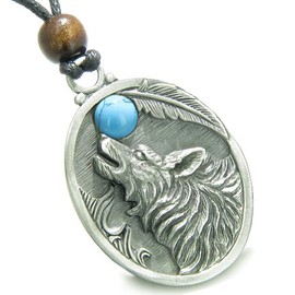 BestAmulets Amulet Howling Wolf Simulated Turquoise Moon Lucky Charm Pendant Necklace