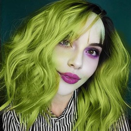 Rose bud Wavy Bob Wig Natural Wig Black Ombre Green Synthetic Hair Shoulder Length Short Curly Middle Part Lace Front Wigs for Women