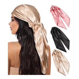 35” Large Square Satin Head Scarf - 3Pcs Satin Hair Scarves Silk Bandana Scarf Headscarf Silk Feeling Scarf for Women - Color: Cashew (Black/White/Pink)