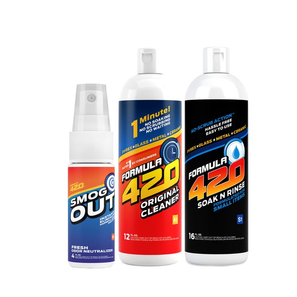 Formula 420 Smog-Out Variety Pack : 1 Bottle Smog-Out, 4 oz, 1 Bottle Glass Metal Ceramic Pipe Original Cleaner 12 oz & 1 Bottle Soak-N-Rinse 16 oz (3 bottles total)