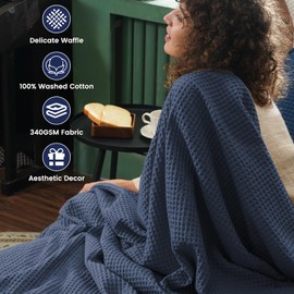 PHF Pre-Washed Cotton Waffle Weave Blanket King Size for Bed,Snag Proof Throw Blanket for Couch Spring Summer Lightweight Breathable,Oeko-TEX Certified,Machine Washable, Home Decor Gift，Dark Navy