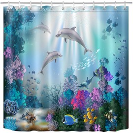 LB Dolphin Shower Curtain 180x200cm Funny Tropical Fish Blue Ocean Shower Curtains Mould Proof Resistant Waterproof Polyester Fabric Long for Kids Bathroom Curtains with Hooks