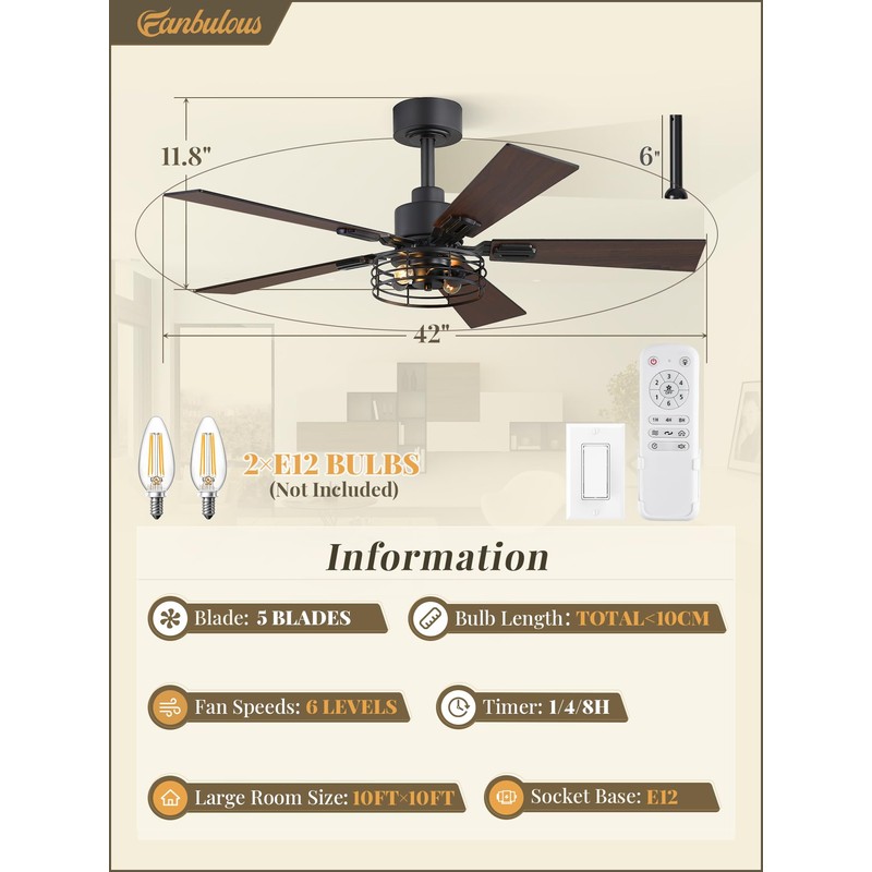 Fanbulous 2 Pack Farmhouse 42 Ceiling Fans with Lights, Black