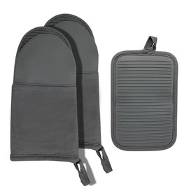 Hot Pads Silicone Oven Mitts Heat Resistant to 500°F Waterproof and Non-Slip, Stain and Odor Resistant, Easy to Clean, Soft Lining, Hanging Loop for Storage (Grey+Accessories Round)