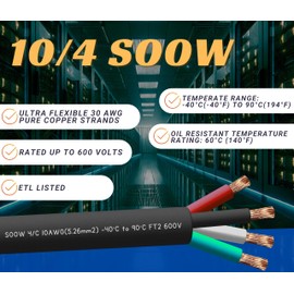 10/4 12 Feet 10 AWG SOOW SO Cable Cord Wire - 10 Gauge 4 Conductor 600V Portable Power Extension Cord Cable for, Motor Leads, Portable Lights, and Battery Chargers