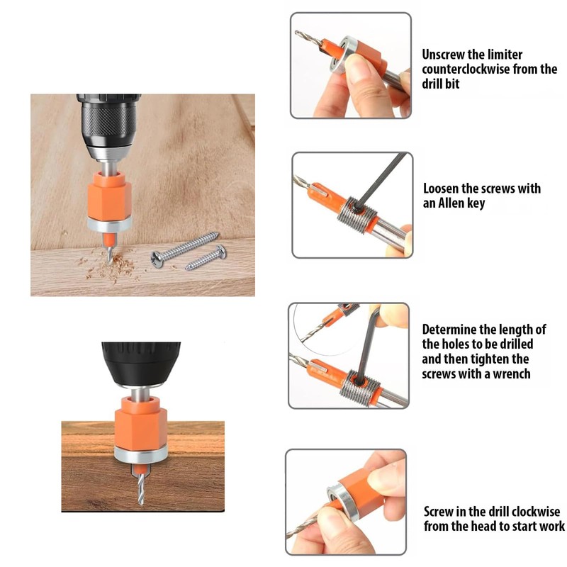 5-Piece Countersink Drill Bit Set with Adjustable Depth Stop for