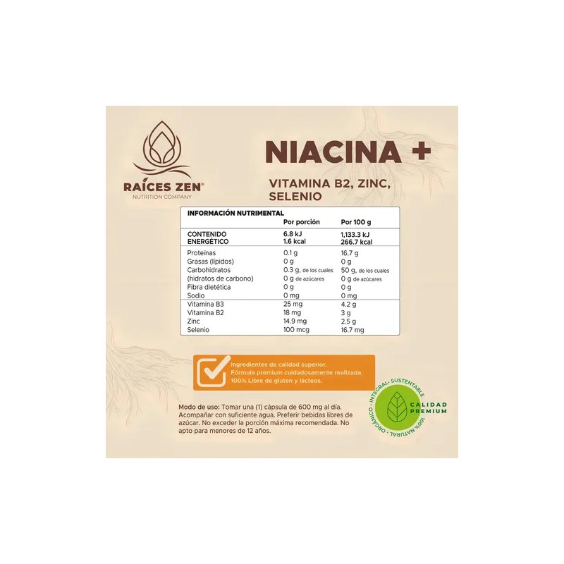 Niacina Vitamina B2 Zinc Selenio 120 Cápsulas Raíces Zen Super