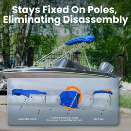 KING BIRD 3-4 Bow Bimini Boat Top Cover Sun Shade Boat Canopy Waterproof 1 Inch Stainless Aluminum Frame 46" Height with Rear Support Poles and Storage Boot 6 Colors -11 Sizes