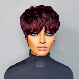QiaQiaRing 10A Pixie Cut Wigs for Black Women Dark 99J Color Daily Use Color Short Layered Pixie Wigs With Bangs Short Pixie Wigs for Women Glueless Wigs Full Machine Made Wigs(dark 99J)