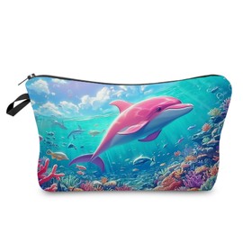 Livel lhood Pink Dolphin Gift Dolphin Makeup Bag Cute Small Makeup Organizer Bag Travel Toiletry Zipper Pouch Ocean Gifts for Dolphin Lovers Dolphin Cosmetic Bag for Women Friends