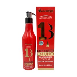 Aceite de Argán 13 Beneficios en 1, Tratamiento para Cabello Dañado, Procesado, Teñido y Seco, Con Protección UV, Keratina, Cola de Caballo y Colágeno. 250ml.