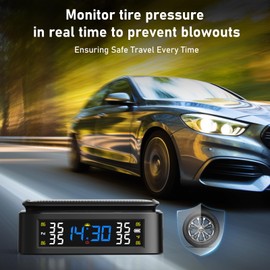 Seacot RV TPMS Tire Pressure Monitoring System with Solar/USB Charging, 4 Sensors, 6 Alarm Modes, LCD Display, 0-87 PSI Pressure Range for RVs, Trailers, and Cars