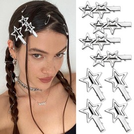 SAWINDA Y2K Star Hair Clips Cute Silver Pentagram Snap Hair Clips Metal Hair Barrettes for Girls Teens Non-Slip Geometric Hairpins Fashion Rave Hair Accessories for Women Girls Diy Hairstyles 8 PCS