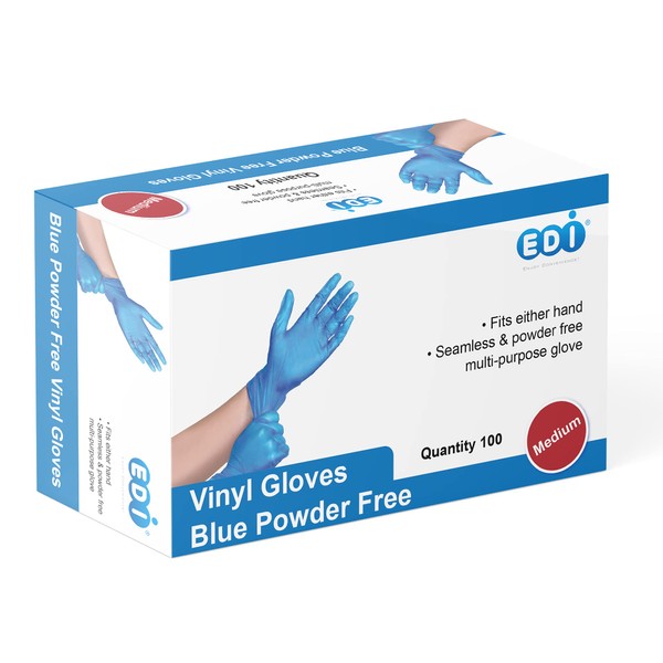 EDI Disposable Vinyl Gloves X-Large, 100 pcs (Blue) - Powder-Free, Latex-Free