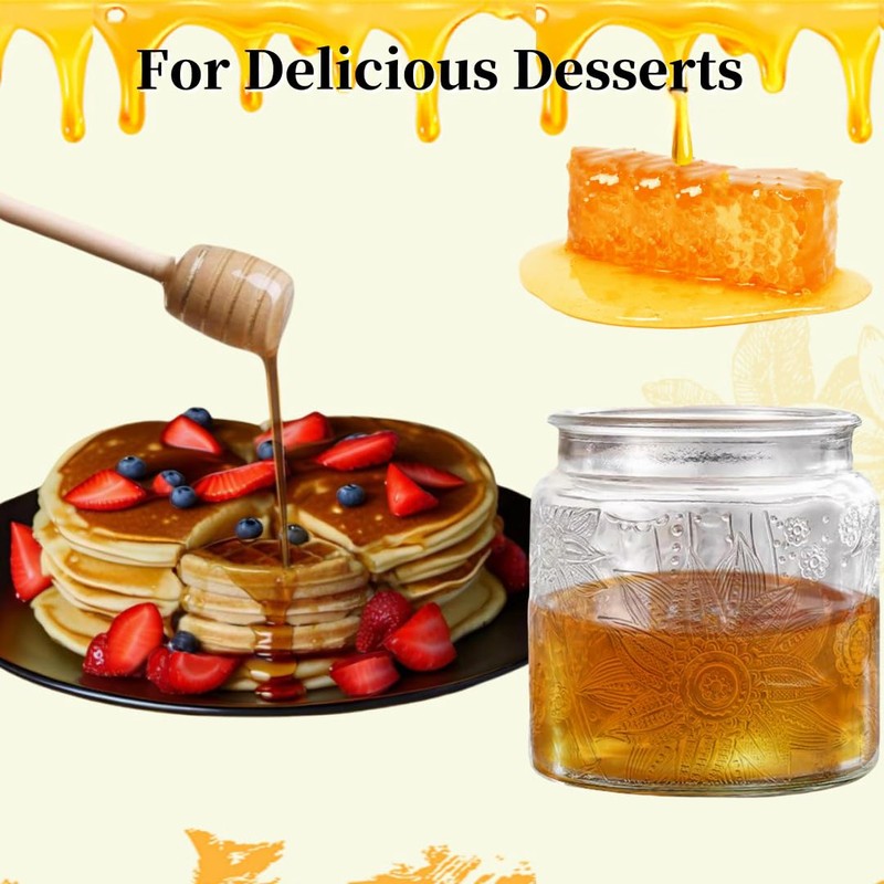 ANSQU Honey Pot, Airtight Glass Honey Jar with Bamboo Lid