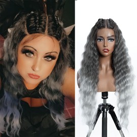 FASHION IDOL Lace Front Natural Gray Synthetic Curly Wigs 31" Long Water Wavy Wig for Women Natural Gray with Three-Pointed Slit HD Lace Wig for Girls