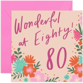 Old English Co. Happy Birthday Wonderful at Eighty Card - Square 80th Birthday Card | Suitable for Women, Mum, Grandma | Blank Inside & Envelope Included