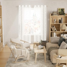 BGment White Sheer Curtains 95 inches Long 2 Panels for Living Room, Embroidered Leaf Pattern Linen Textured Light Filtering Grommet Window Semi Sheer Voile Drapes, Each Panel 52 x 95 Inch