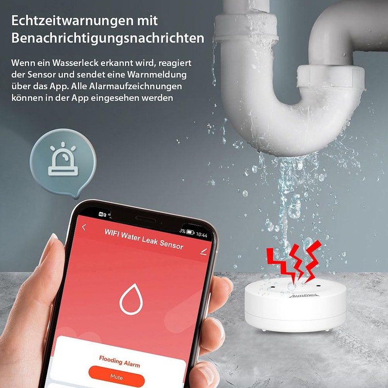 Luminea Home Control Water Alarm: Set of 2 WiFi Water