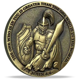 The Task Ahead Christian Challenge Coin Featuring A Fully Armored Warrior and Scripture John 4:4, Bible Verses Pocket Token (Single Coin)