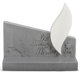 Zion Judaica Eternal Flame Electric Yizkor Candle Memorial Lamp Grey Tombstone Shaped LED Yahrzeit Candle Engraved In Loving Memory Yahrtzeit Light Flickering Flameless Memory Lamp Jewish Funeral Lamp