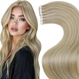 LaaVoo Blonde Tape in Hair Extensions Human Hair Dark Ash Blonde Highlighted with Light Blonde Tape in Human Hair Extensions Blonde Real Hair Extensions Tape in 14 Inch 20pcs 50g
