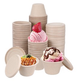 4Oz Disposable Paper Condiment Cups with Lids, 100 Pack Natural Bagasse Fiber Ice Cream Tasting Cup,Compostable Cup Paper Containers for Sauce Snack Dessert Charcuterie Salad Dressing Food Storage