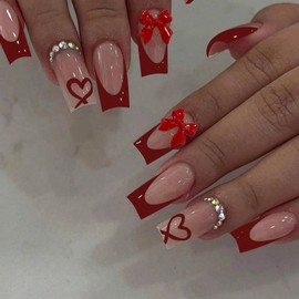 Goiern 24 Stk Französische Nagelkappen Aufkleber mit Verzierungen, Mittelgroße Kunstnägel, Aufkleber, Schöne Schleife Aufkleber Nägel (Rot)